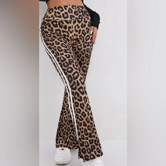 Leopard print pants w/stripes, flare bottom, very stretchy & control waist - Picture 1 of 2
